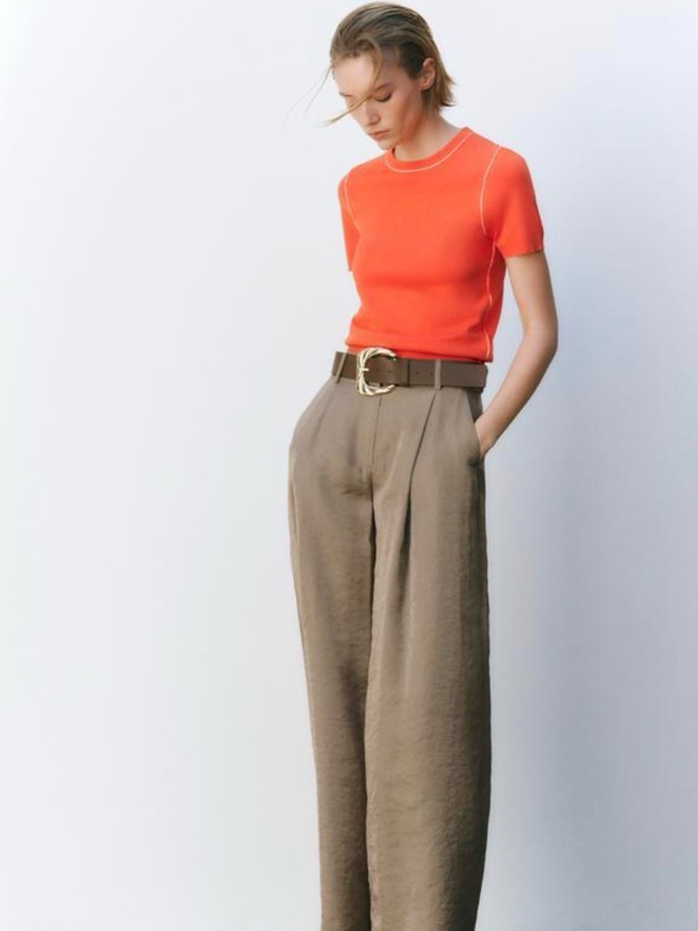ZARA Orange Short Sleeve Knit Sweater Top White Contrast Piping